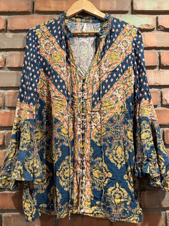 Free People Tops - Free People Navy and Mustard Boho Printed Peasant Blouse